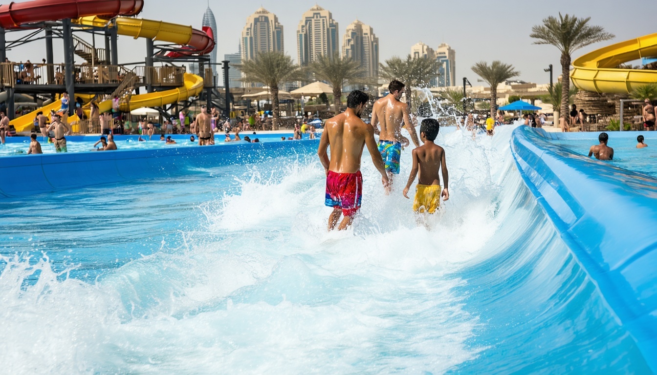 Families enjoying a wave pool at a Dubai water park