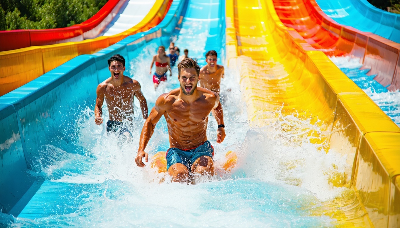 Friends racing down colourful water slides