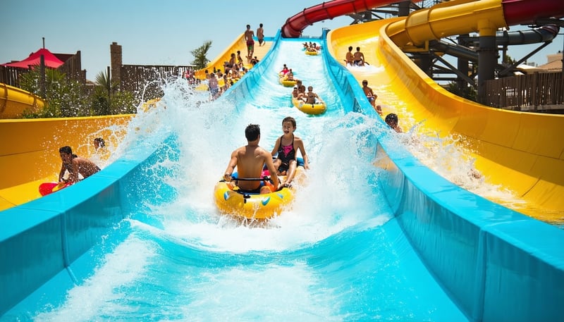Families and friends enjoying thrilling water slides at a Dubai water park