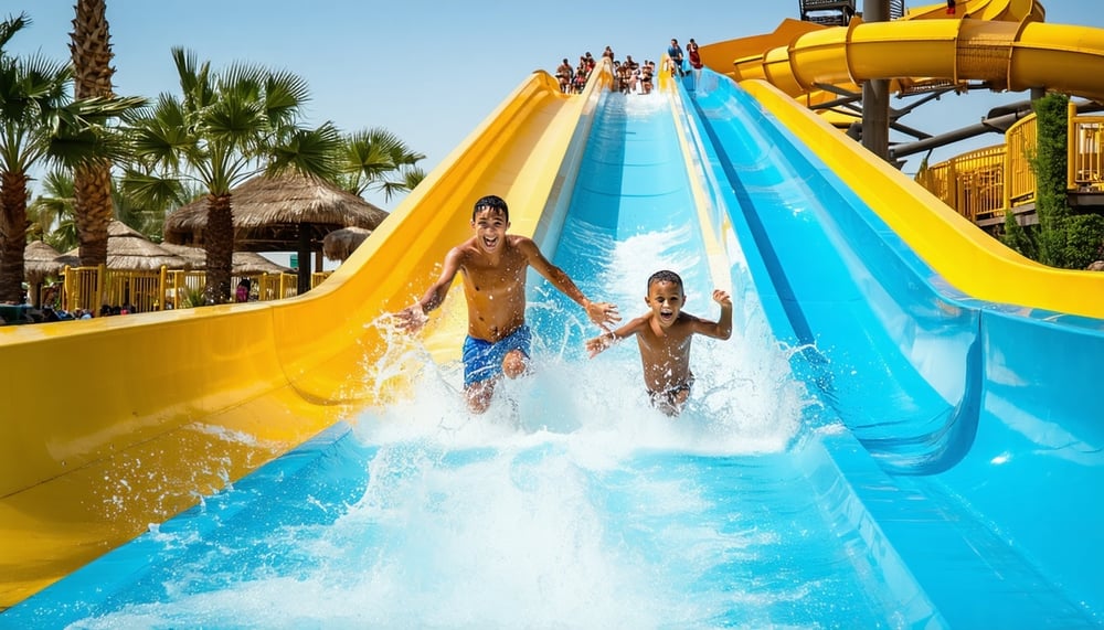 Family enjoying slides at a Dubai water park