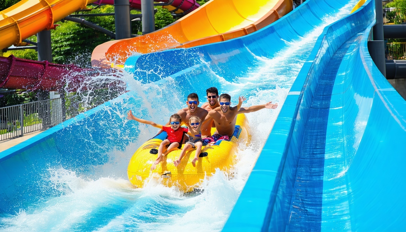 Families enjoying a thrilling water slide at a Dubai water park
