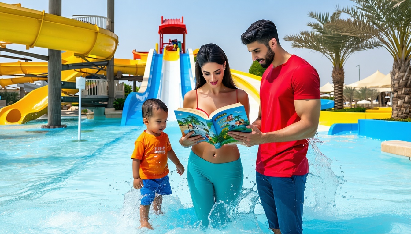 Parents and children reading safety guidelines at a Dubai water park
